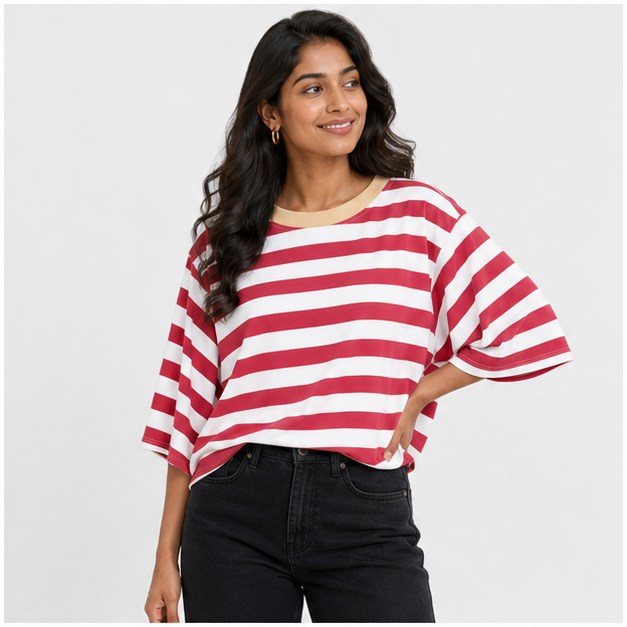 Women Striped 2026 Fashion T Shirts for Women Color Block Crewneck Design Loose Basic Tee - model view