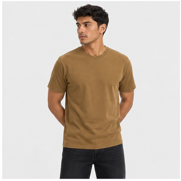 Men's Heavy Weight Crew Neck 100% Cotton T-Shirt - 250g/m2 Thick Distressed Washed T-Shirts for Men - model view